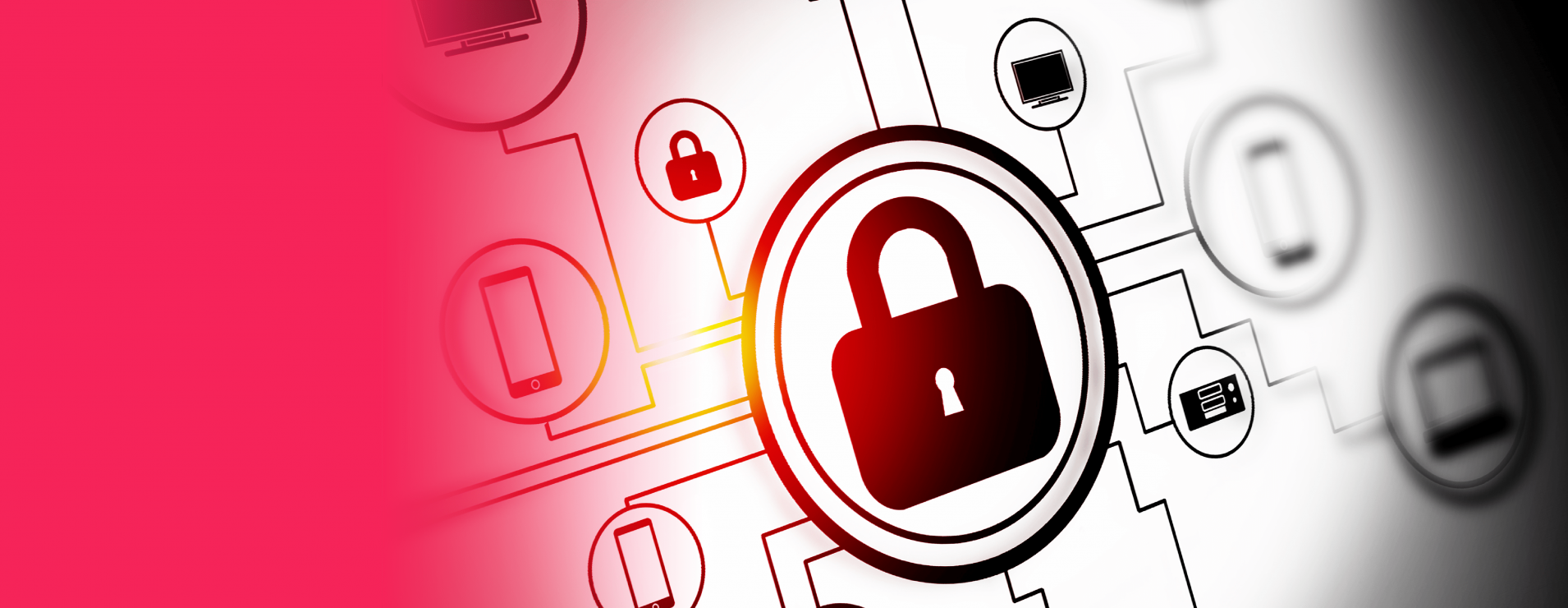Image of a padlock sitting inside a circle, connected by straight lines that change direction in sharp 90 degree angles, connecting to other images sitting within circles.